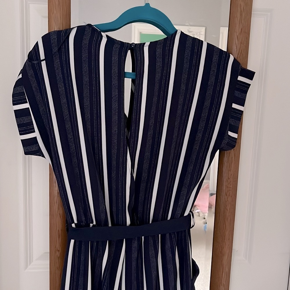 Monteau Navy and White Striped Jumpsuit with Pockets and small back cut out!